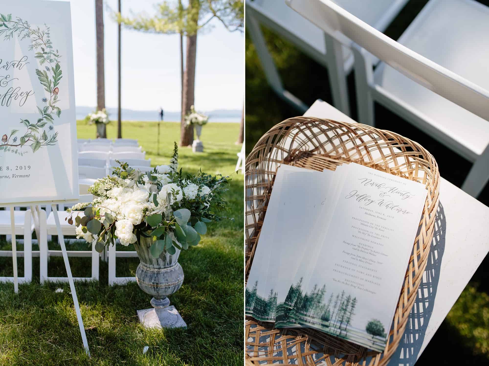 Ceremony under the pines at the Coach Barn Shelburne Farms wedding | Vermont Wedding Photographers - The Light + Color Wedding Photography