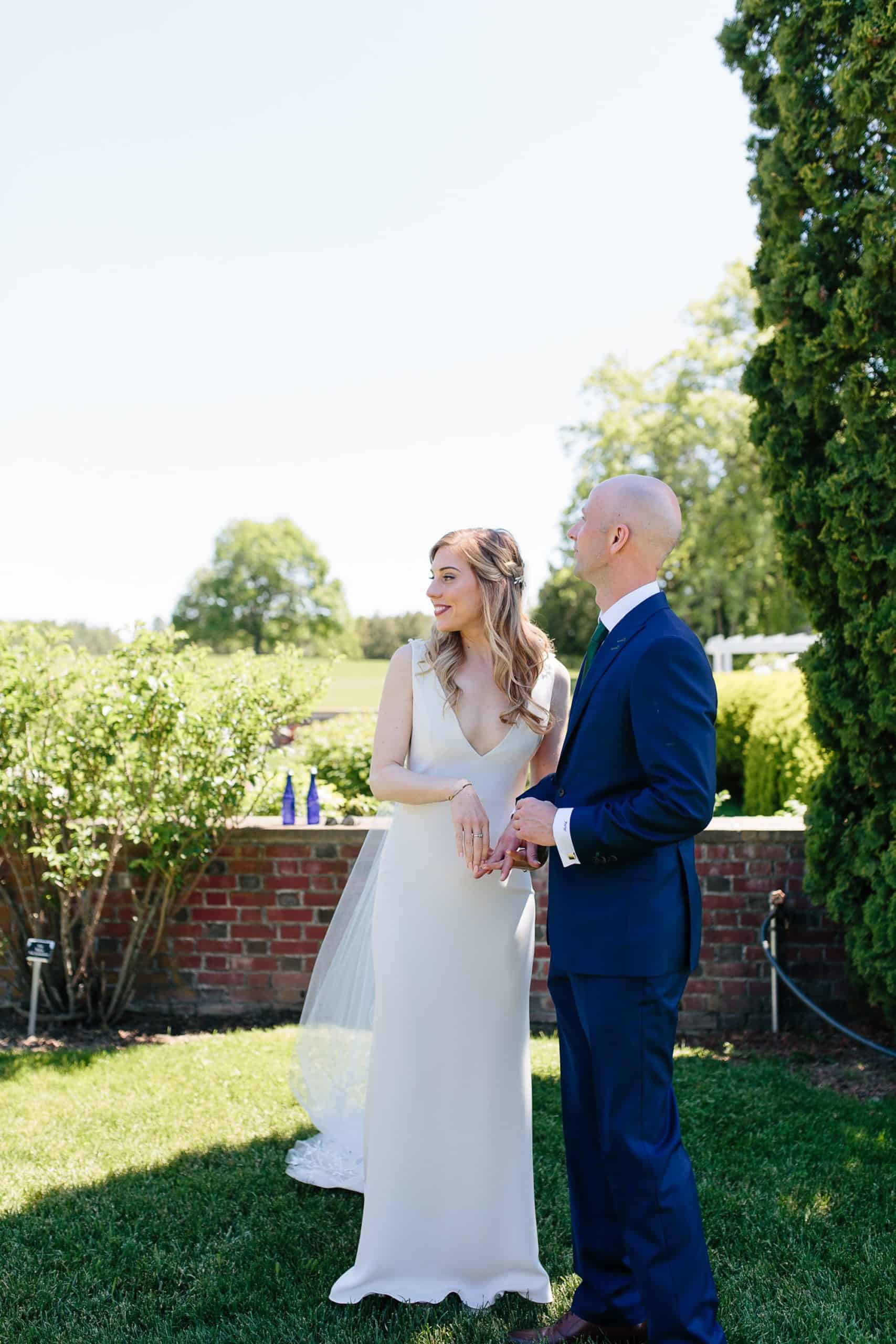 Bride and Groom in the terrace garden at Shelburne Farms wedding | Vermont Wedding Photographers - The Light + Color Wedding Photography