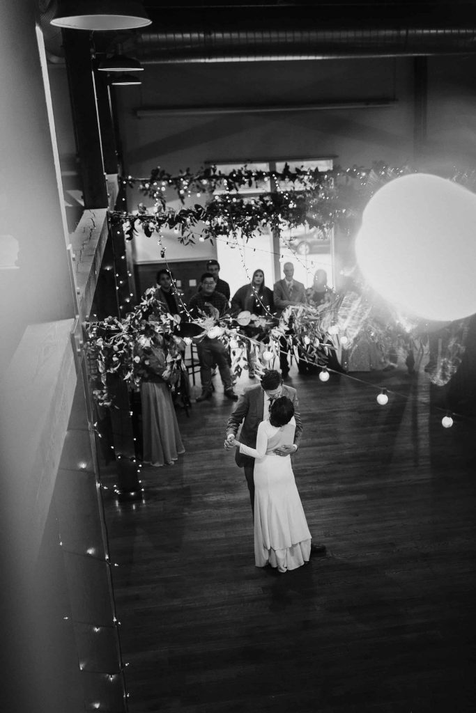 Bride and Groom dancing in barn at Mountain Top Inn wedding
