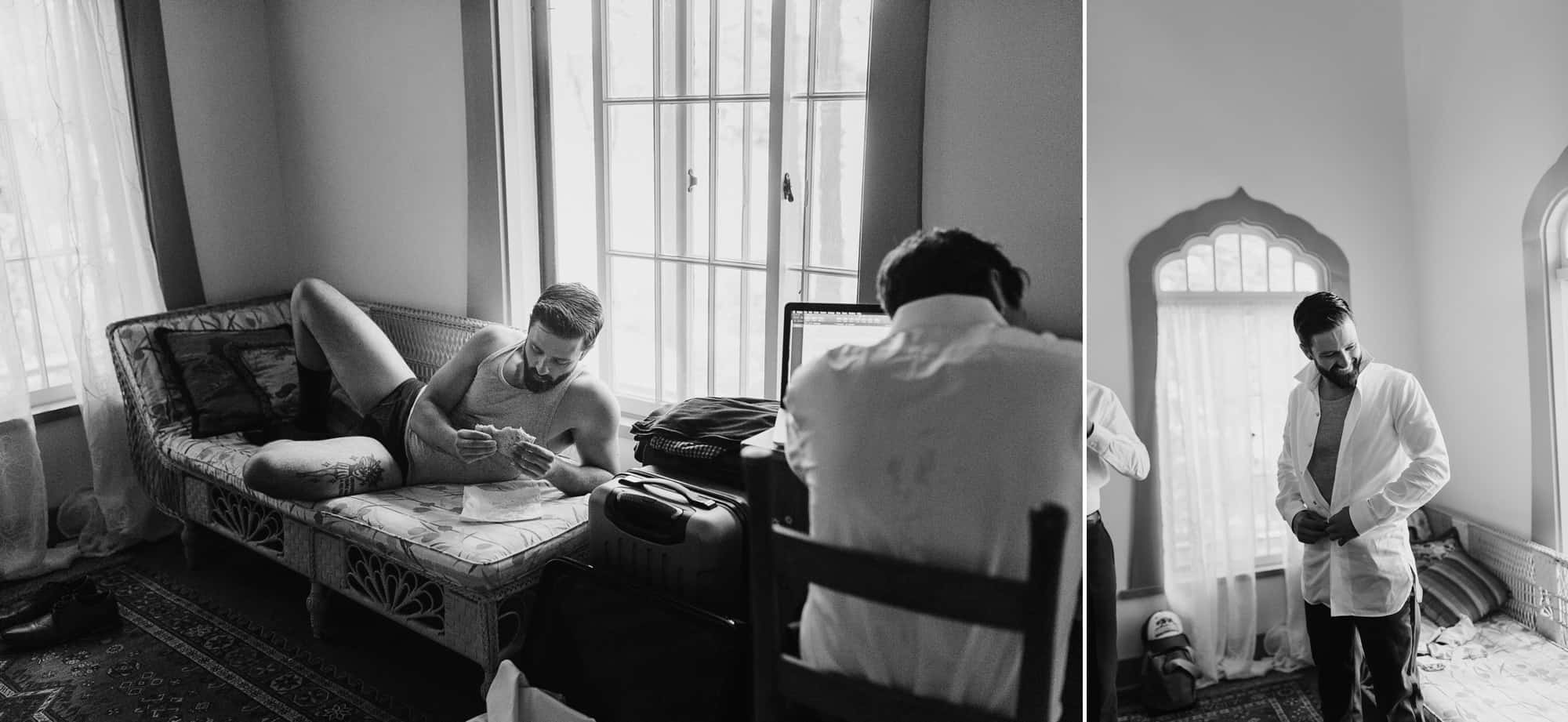 groom preparing for his Adirondack Wedding - Wedding Photographers Adirondacks - The Light + Color