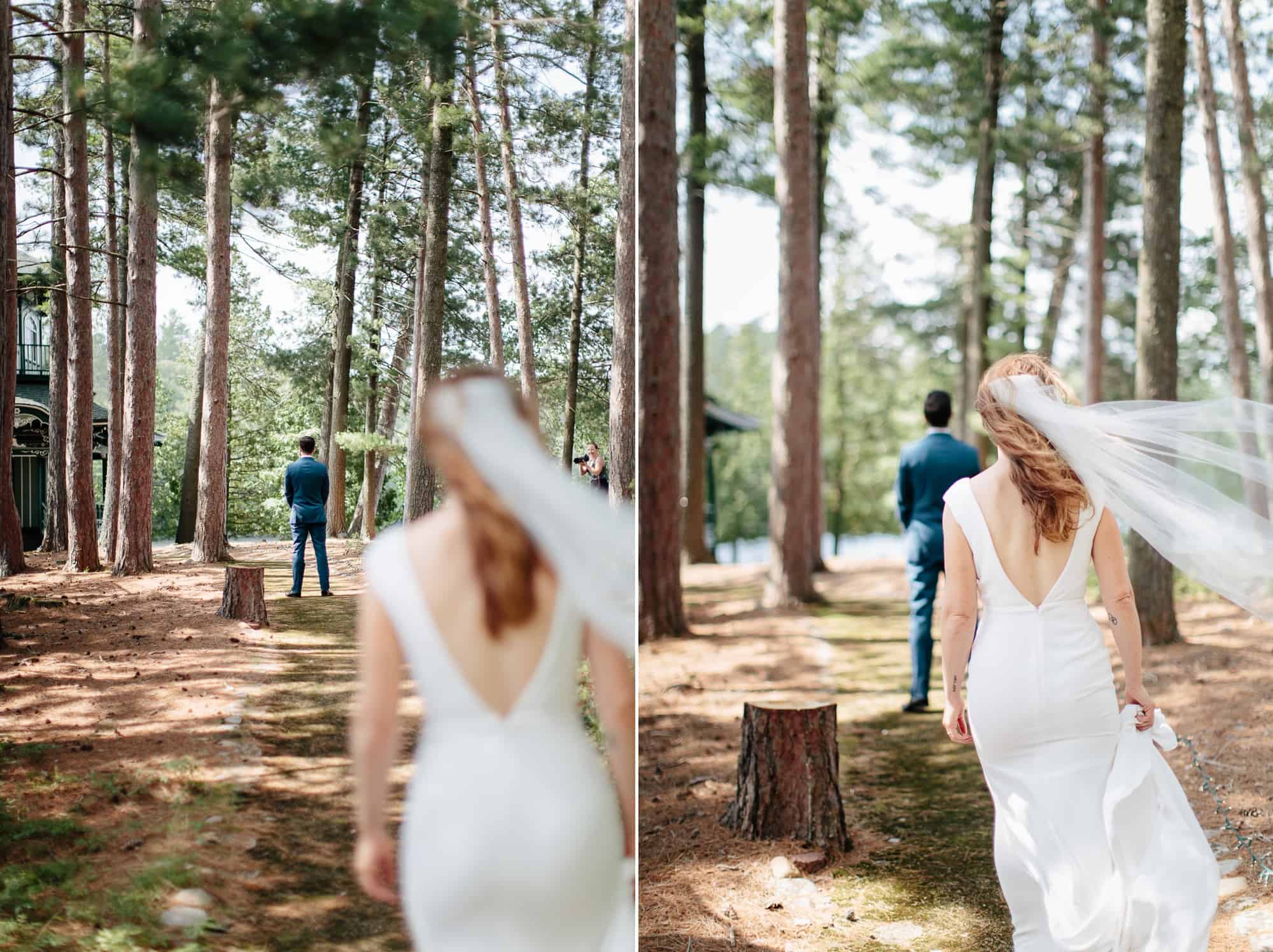 Bride walking to her first look at her Adirondack Wedding - Wedding Photographers Adirondacks - The Light + Color