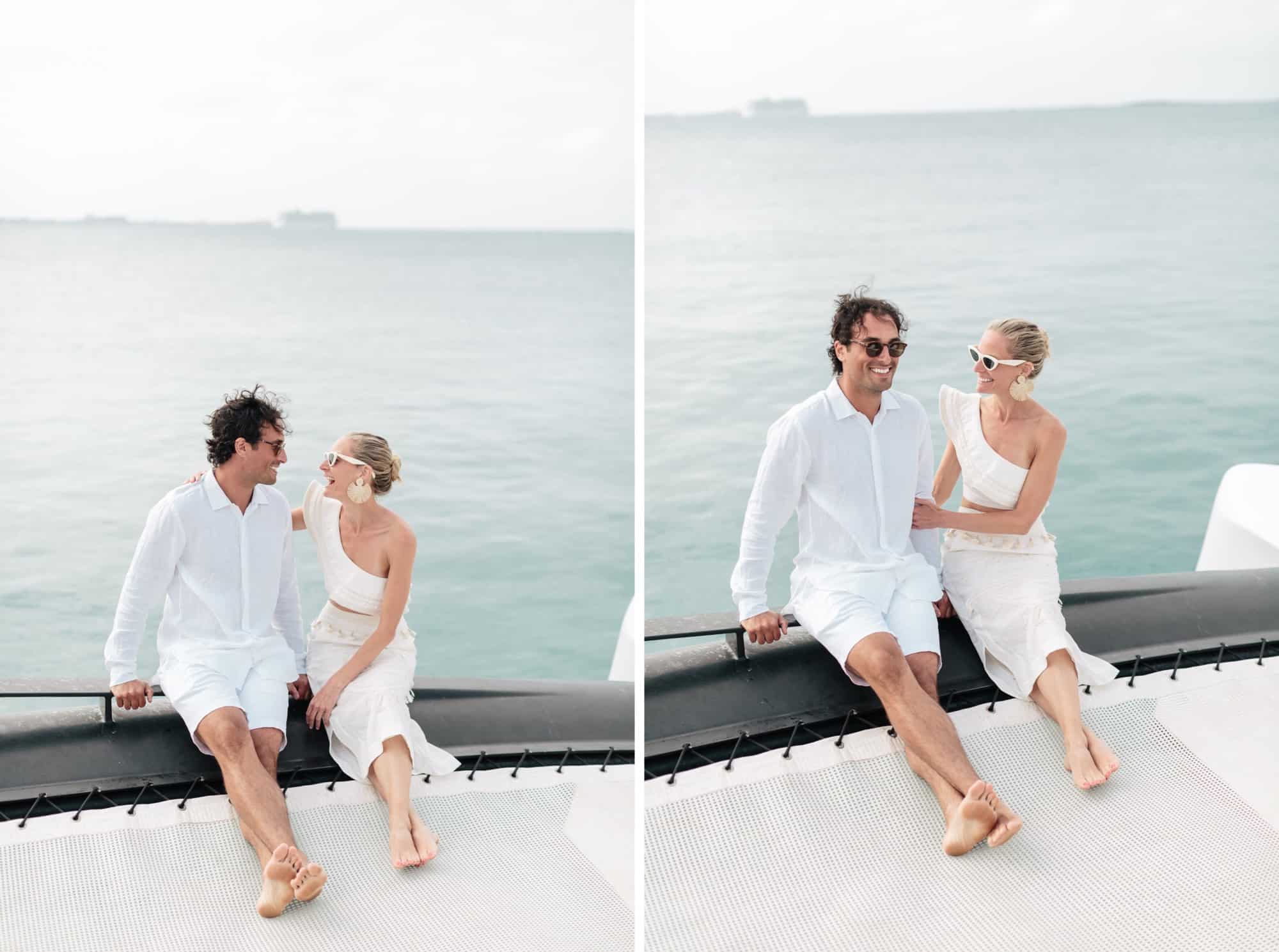 Coral beach club wedding bermuda - Bride and Groom on catamaran around Bermuda