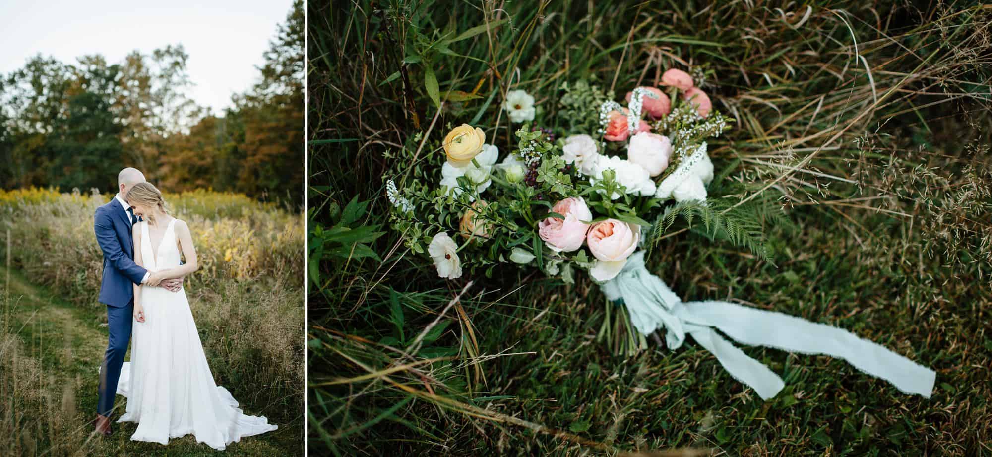 Bride holding bouquet from Olive & June floral farm at her M&D farm wedding in the Catskills capture by upstate New York wedding photographers The Light and Color
