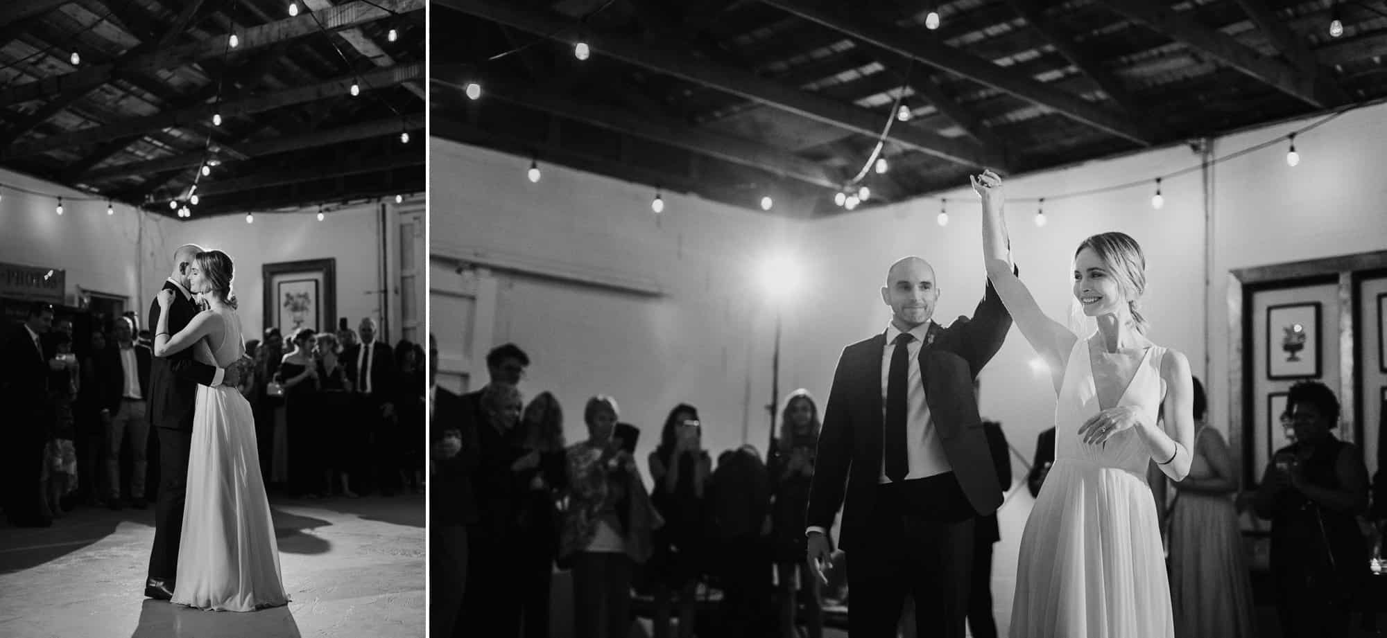 Bride and groom during their first dance at M&D farm wedding capture by Catskills wedding photographers The Light and Color