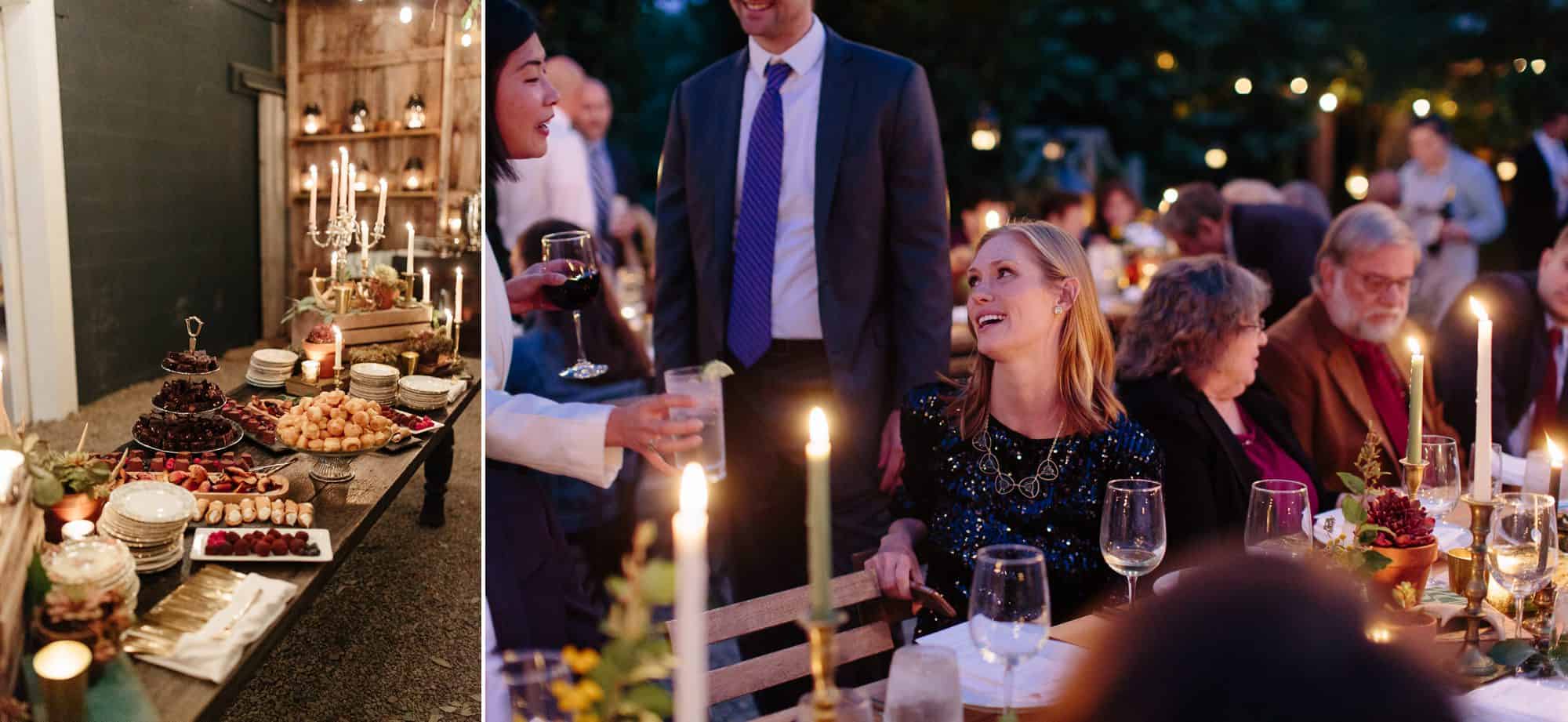 Guests enjoying an al fresco dinner at M&D farm wedding capture by Catskills wedding photographers The Light and Color