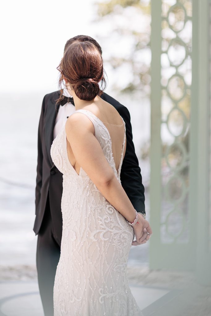 Bride and groom in gazebo at Vizcaya wedding
